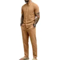 Men's Casual Linen Outfit Khaki Short Sleeve Mandarin Collar Shirt and Straight Pants Set - S / Set / Earthy Yellow