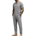 Men's casual linen two piece outfit short sleeve henley shirt and matching trousers set - S / Set / Dark Gray