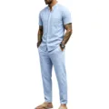 Men's casual linen two piece set short sleeve button down shirt and long trousers light blue - S / Set / Light Blue