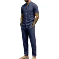 Men's linen short sleeve henley shirt and matching casual straight pants two piece set dark blue - Navy Blue