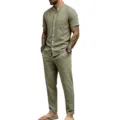 Men's casual linen two-piece set short sleeve henley shirt and matching straight trousers - Army Green