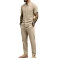Men's Casual Linen Henley Shirt and Straight Pants Two-Piece Set Beige Spring Outfit - Light Khaki