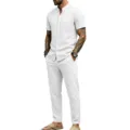 Men's white linen casual short sleeve henley shirt and straight pants two-piece set - White