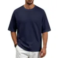 Men's Navy Blue Waffle Knit Short Sleeve T-Shirt, Casual Raglan Crewneck Summer Top - S / Navy Blue