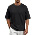 Men's black waffle knit short sleeve t-shirt with raglan sleeves and casual crew neck design. - S / Black