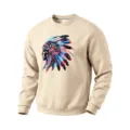 Mens fleece crewneck sweatshirt with cyber Indian chief graphic casual streetwear pullover - Apricot