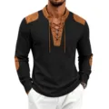 Men's waffle long-sleeve henley shirt, retro medieval drawstring design with patch details. - S / Black