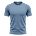Close-up of the breathable mesh panel and crew neck details on the blue men's athletic t-shirt. - M / Tops / Navy Blue