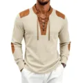 Men vintage waffle long sleeve shirt casual medieval lace up pullover with patch detail - S / Apricot