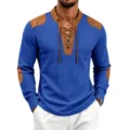 Men's Waffle Knit Long Sleeve Henley Shirt Vintage Lace Up Casual Top Blue Variant - S / Sapphire Blue