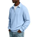 Lichtblauwe heren kabelsteek halve rits lange mouw polo trui, casual dagelijks top. - Lichtblauw