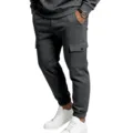 Men's heavy fleece lined cargo sweatpants casual jogger trousers in dark grey with pockets. - Dark Gray