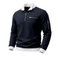 Men's waffle knit quarter zip long sleeve polo sweatshirt with contrast color trim. - S / Tops / Navy Blue