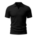Detalle de parte superior para hombre de manga corta con cuello en V y tela elástica. - S / Tops / Negro