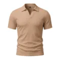 Polo de manga corta con cuello en V acanalado para hombre, top de verano ajustado y elástico. - S / Tops / Caqui