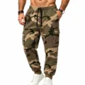 Men's camouflage fleece cargo sweatpants, outdoor loose fit joggers with multi-pockets. - M / Khaki