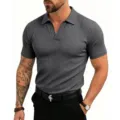 Polo de Hombre Slim Acanalado Manga Corta Cuello V Gris Oscuro para Ropa de Verano Casual - Gris oscuro