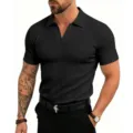 Polo negro acanalado de manga corta para hombre, corte slim cuello V top verano. - S / Tops / Negro