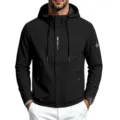 Men's hooded windbreaker jacket casual outdoor sportswear top detail view showing design. - S / Tops / Black