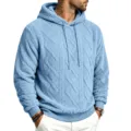 Men's Light Blue Thickened Fleece Hooded Sweatshirt Casual Winter Warm Cable Knit Pullover - S / Tops / Light Blue