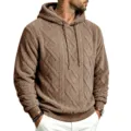 Men's Thickened Fleece Hooded Sweatshirt Winter Warm Thermal Cable Knit Pullover - Brown