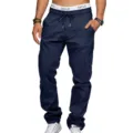 Men's navy blue casual multi-pocket cargo pants detail view showing comfortable elastic waist. - S / Navy Blue
