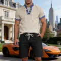 Herren Sommer lässige Kord Schnürung Kurzarm T-Shirt und Shorts Set Freizeitoutfit - S / Oberteil und Unterteil / Apricotfarbenes Oberteil Schwarze Hose