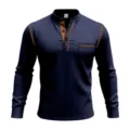 Herren Langarm Stehkragen Poloshirt mit Kontrastnähten und Brusttasche im Detail. - S / Oberteile / Marineblau