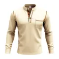 Men's long sleeve mock neck polo shirt with contrast placket, chest pocket and stitching. - Khaki
