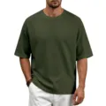 Men's waffle knit short sleeve t-shirt, casual raglan crewneck top with v-cross stitch. - S / Army Green