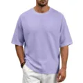 Herren Waffelstrick Kurzarm T-Shirt Lavendel Raglan Rundhalsausschnitt Sommer Oberteil - Hellviolett