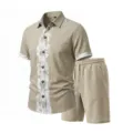 Men summer casual linen short sleeve shirt and shorts set two piece outfit in khaki color - S / Top And Bottom / Light Khaki