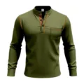 Men's long sleeve olive green henley shirt with contrast stitching and chest pocket. - Army Green