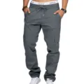 Men's dark grey cargo pants with multi-pockets and drawstring waist casual trousers. - S / Dark Gray