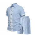 Men summer linen casual short sleeve shirt and shorts two piece set light blue beach outfits - S / Top And Bottom / Light Blue