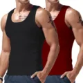 Close-up view of men's solid color slim fit sleeveless sports tank top in black and red. - S / Set / Black+Wine Red