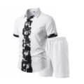 Men summer linen short sleeve shirt and shorts set white black tie dye casual two piece outfit - S / Top And Bottom / White