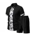 Men's Summer Casual Linen Short Sleeve Shirt and Shorts Two Piece Outfit Set Black - Black