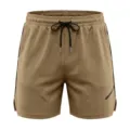 Men's quick-dry mesh athletic shorts detail view, breathable casual sport shorts with drawstring. - Dark Brown