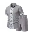 Men's summer casual linen two-piece set, grey short sleeve shirt and matching shorts. - S / Top And Bottom / Dark Gray