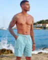 Men's light blue casual cotton linen beach shorts with multi pockets and drawstring. - S / Light Blue