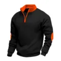 Detailed view of men's fleece-lined stand-collar contrast quarter-zip sweatshirt. - S / Tops / Black