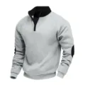 Men's casual grey fleece quarter-zip sweatshirt with black stand collar and elbow patches. - S / Tops / Light Gray