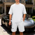 Men's casual knitted jacquard short sleeve and shorts set, high street loose streetwear. - S / Top & Bottom Set / White