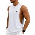 Detail shot of men sleeveless sports gym tank top in white with chest logo print close up. - S / Tops / White