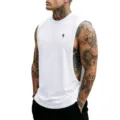 Close-up detail of the white men's gym tank top, showing the chest print and relaxed fit. - S / Tops / White