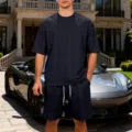 Detail view of the men's casual knit jacquard short sleeve shorts set in navy blue. - S / Top & Bottom Set / Navy Blue