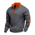 Men's heavy fleece-lined quarter-zip sweatshirt with contrast orange collar and patches. - S / Tops / Dark Gray