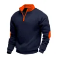 Men's navy heavy fleece quarter-zip sweatshirt with orange stand collar and elbow patches. - S / Tops / Navy Blue