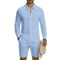 Men's casual long sleeve linen shirt and cargo shorts set for summer vacation and daily wear. - Light Blue